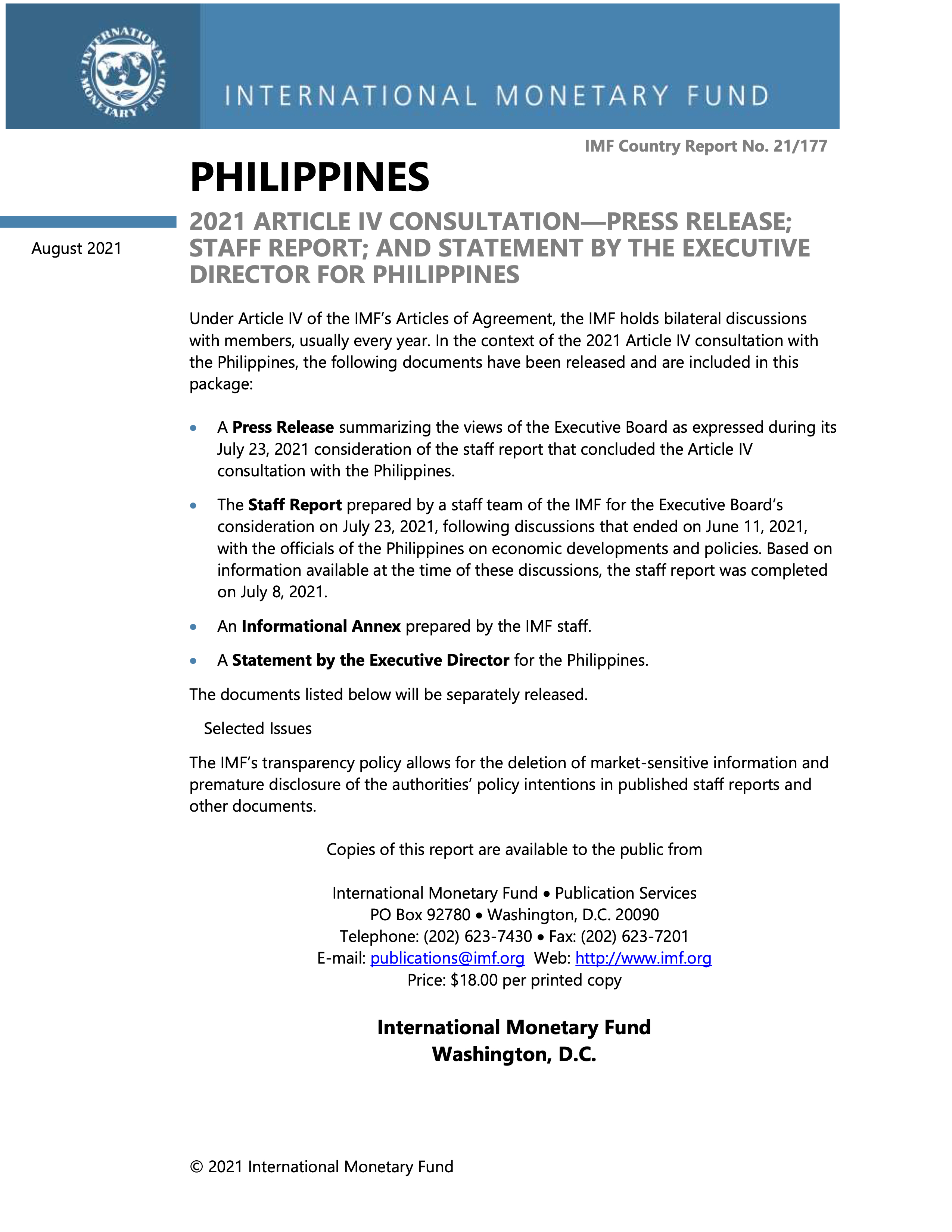 2021 Article IV consultation – press release; Staff report; and Statement by executive director for Philippines