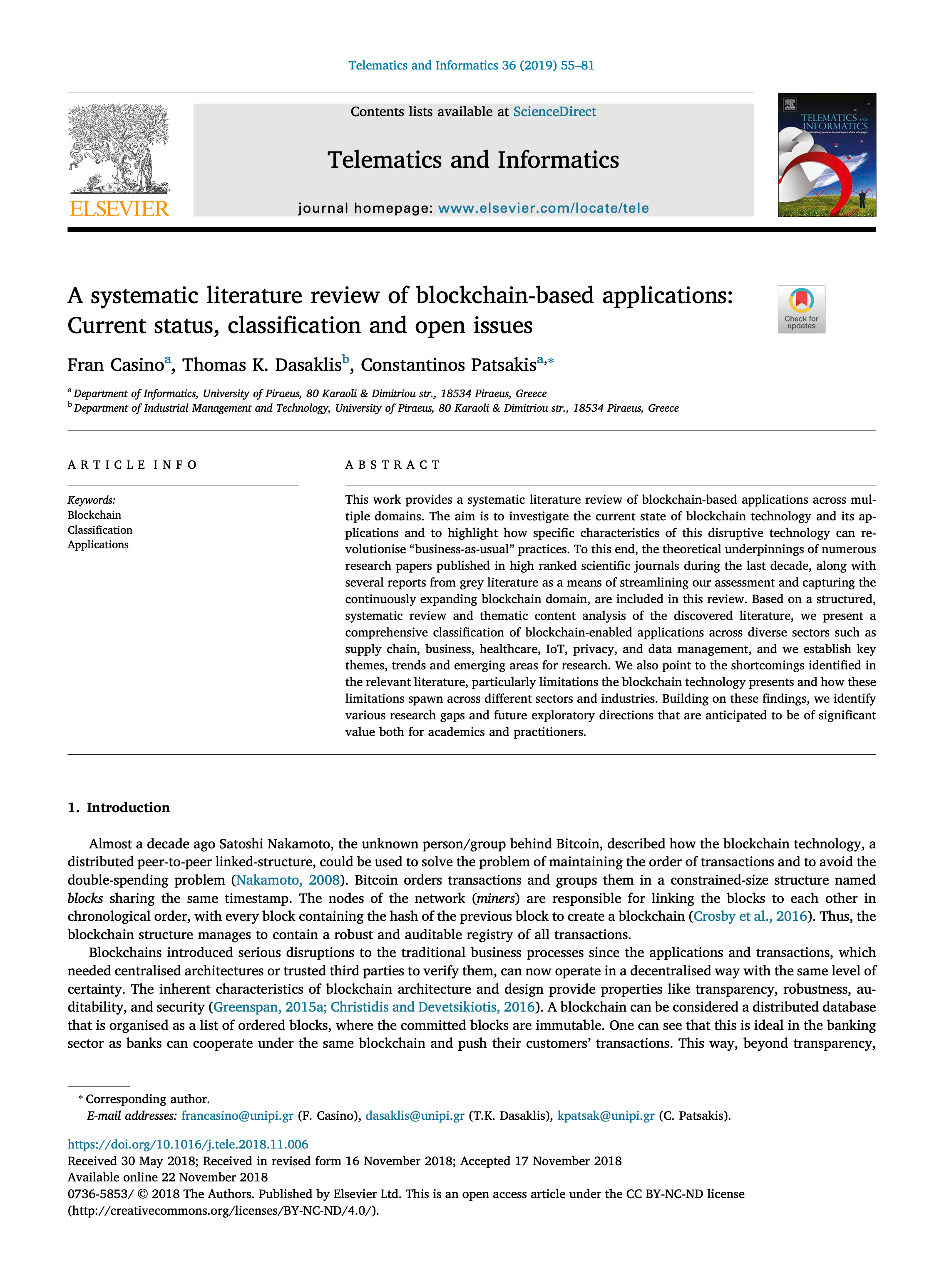 A systematic literature review of blockchain-based applications: Current status, classification and open issues