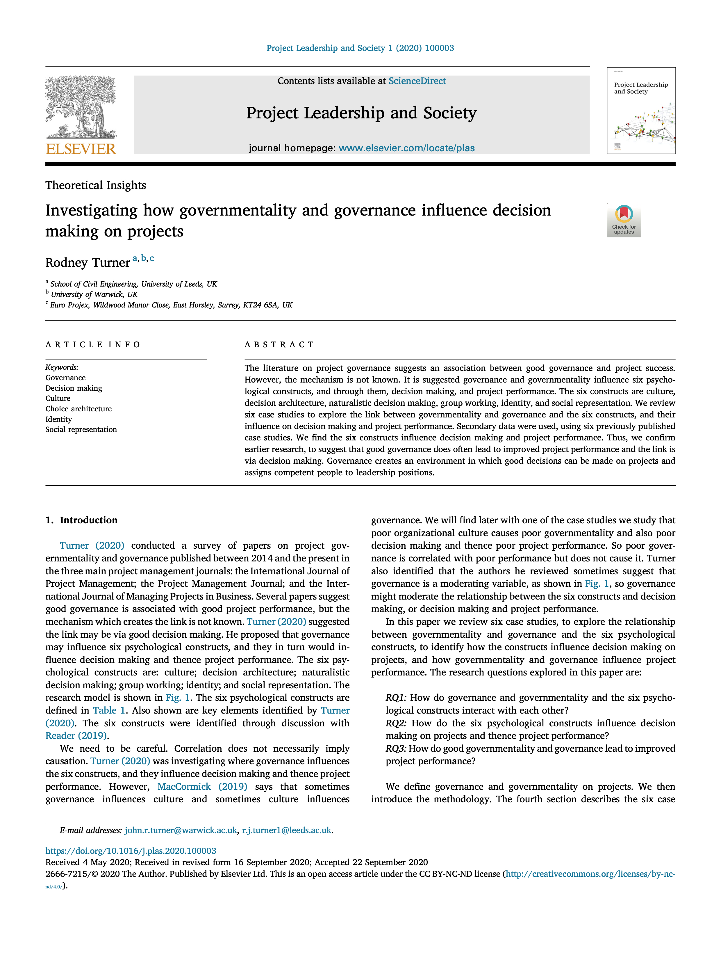 Project Leadership and Society Investigating how governmentality and governance influence decision making on projects